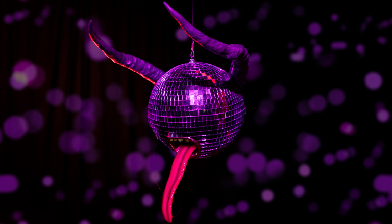 Disco ball with long tongue and devil horns