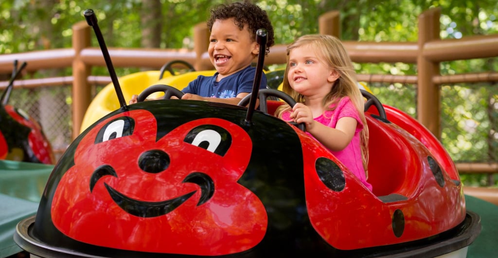 Two children on Bug-a-Dug at Busch Gardens Williamsburg