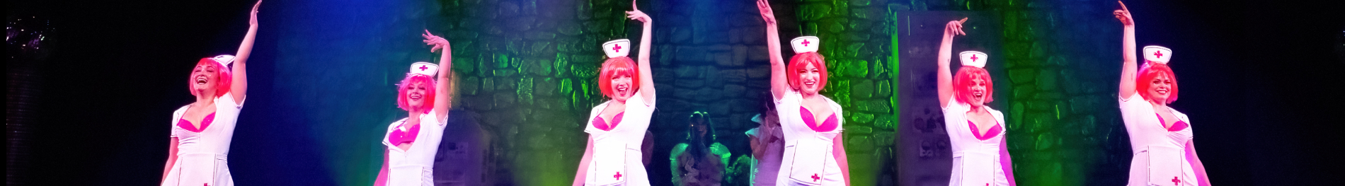 6 Halloween performers in nurses costumes