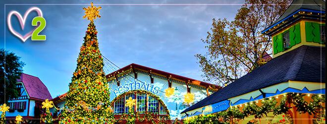 See our 50-foot Christmas tree at night outside of Das Festhaus